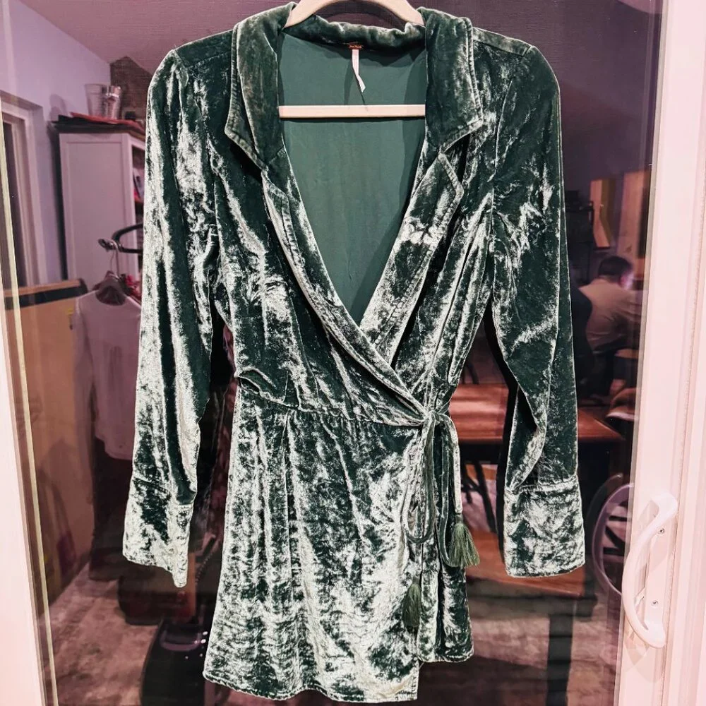 Free People Emerald Green Velvet Wrap Romper